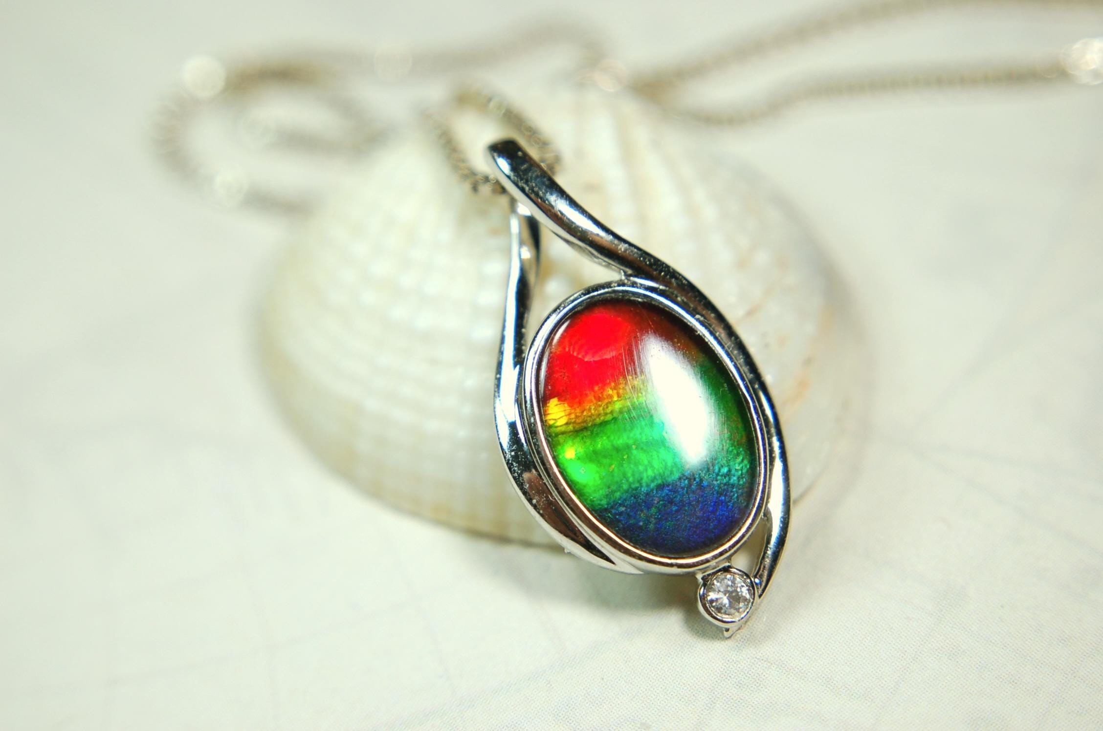 Sterling Silver Ammolite Pendant – Natural Rainbow Fossil Gemstone Necklace – Handmade Jewelry-.052015