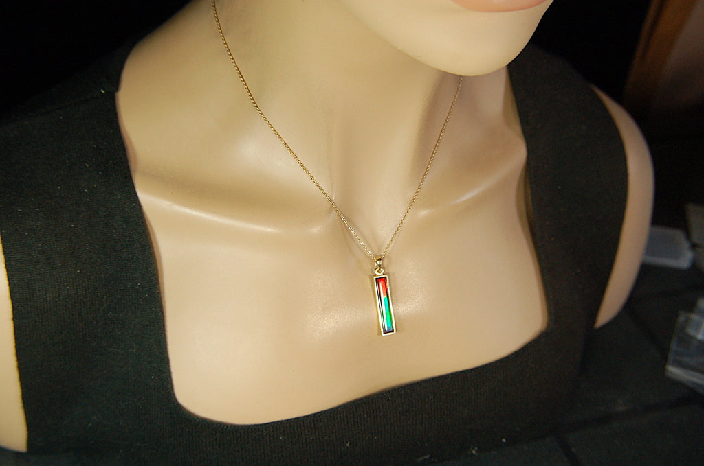 Ammolite Pendant Necklace in 14k Gold.A column of RARE ammolite rainbow colors.Minimalist and Unisex Jewelry.052512