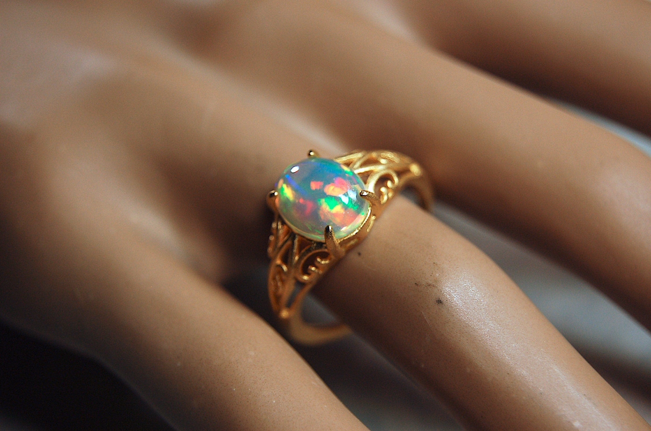 Gorgeous Opal Ring- Bright rolling colors.Absolutely natural gem.Unique Jewelry Gift for Her..