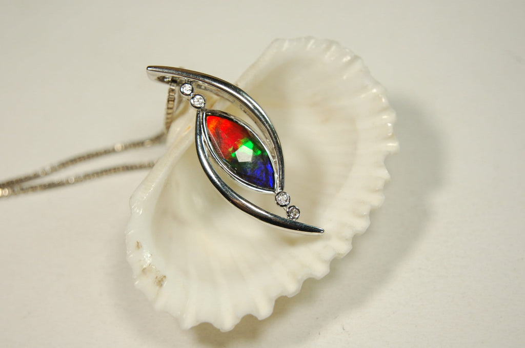 Ammolite jewelry Pendant from Canada.Colorful necklace.Rainbow three color gemstone.Perfect gift for wife.Beautiful setting.#042413
