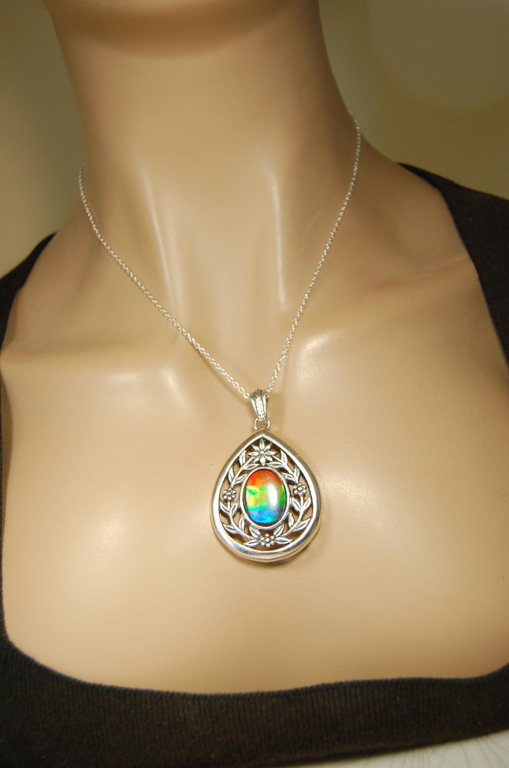 Anniversary gift idea for wife.Ammolite Jewelry Pendant with Rainbow pattern set in solid sterling silver.040416