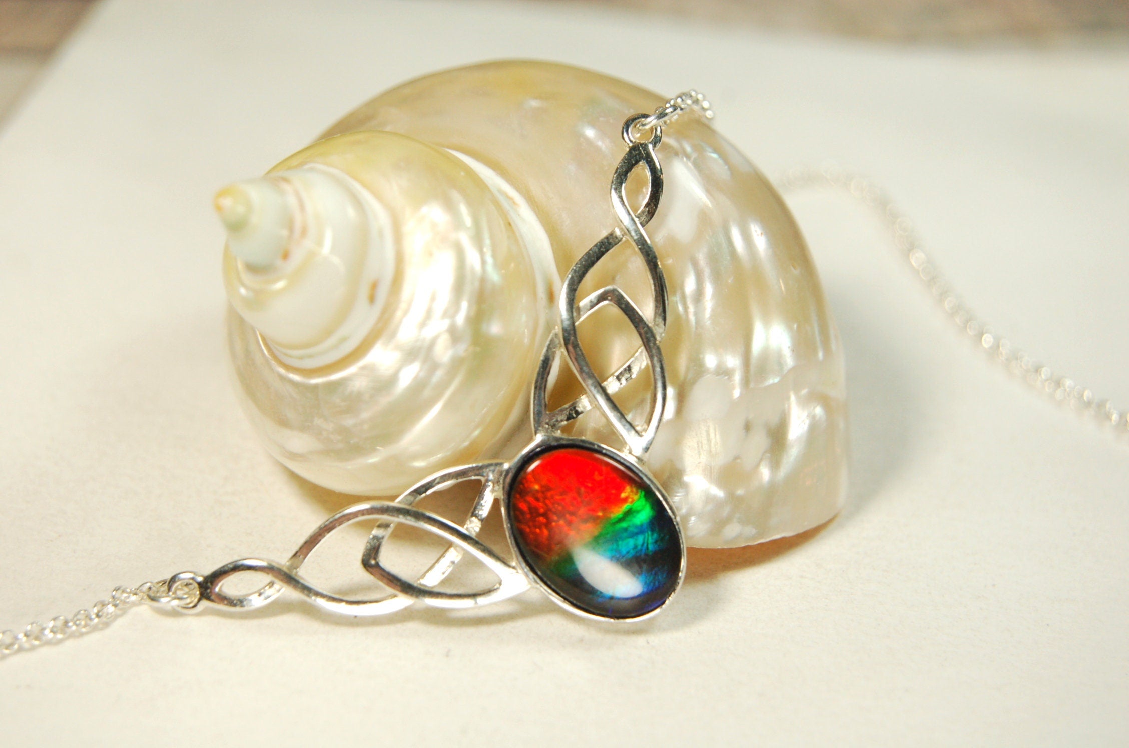 Ammolite Celtic Necklace.RARE four color rainbow gem.The Perfect Birthday Gift for Wife.Canadian ammolite.#112413