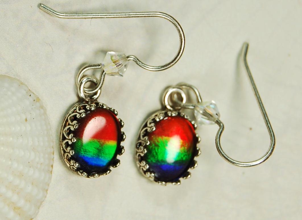 Ammolite Ear Rings.Perfect Mothers Day gift of RARE genuine ammolite she is sure to treasure.Lovely matched tricolor rainbow gems.#102410