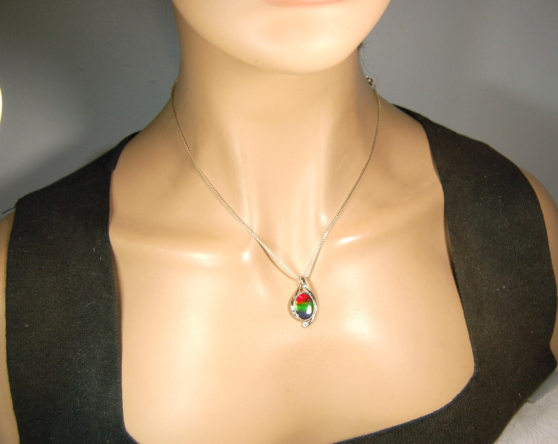Sterling Silver Ammolite Pendant – Natural Rainbow Fossil Gemstone Necklace – Handmade Jewelry-.052015