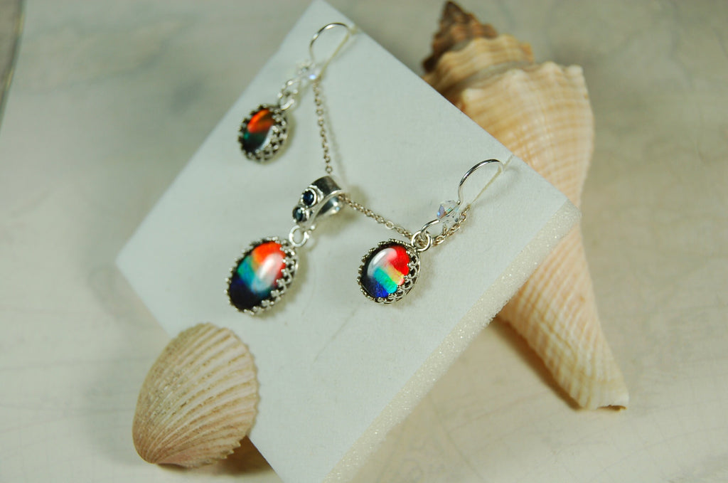 Birthday or Anniversary gift idea for wife. Ammolite Pendant Earring Set.Nicely matched brilliant tricolor gems.#102910