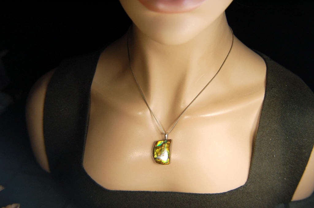 Birthday gift idea for wife. Ammolite Pendant Necklace.All natural cabochon freeform gem.Boho jewelry.090414