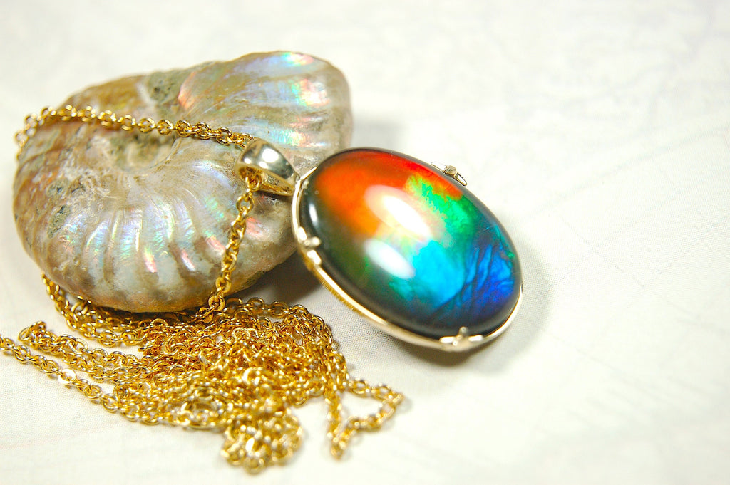 Glamorous Ammolite jewelry pendant in solid 14k Gold - A Stunning Rare Mothers day gift she will treasure.012914