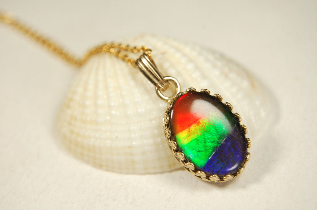 Ammolite Jewelry Pendant Necklace.Four Color Rainbow Ammolite set in solid 14k Gold.Perfect gift.GENUINE Canadian Alberta Ammolite.100213