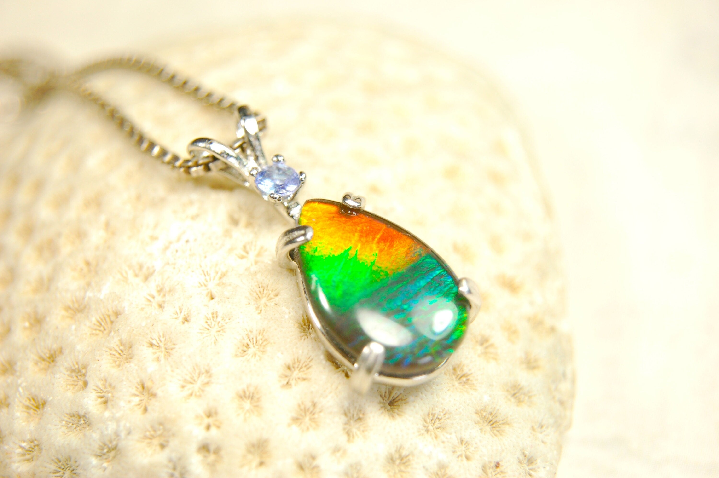 Ammolite Pendant in Sterling Silver with Tanzanite Gem Stone.Rainbow gem.Birthday gift for Wife?Metaphysical powers.032114
