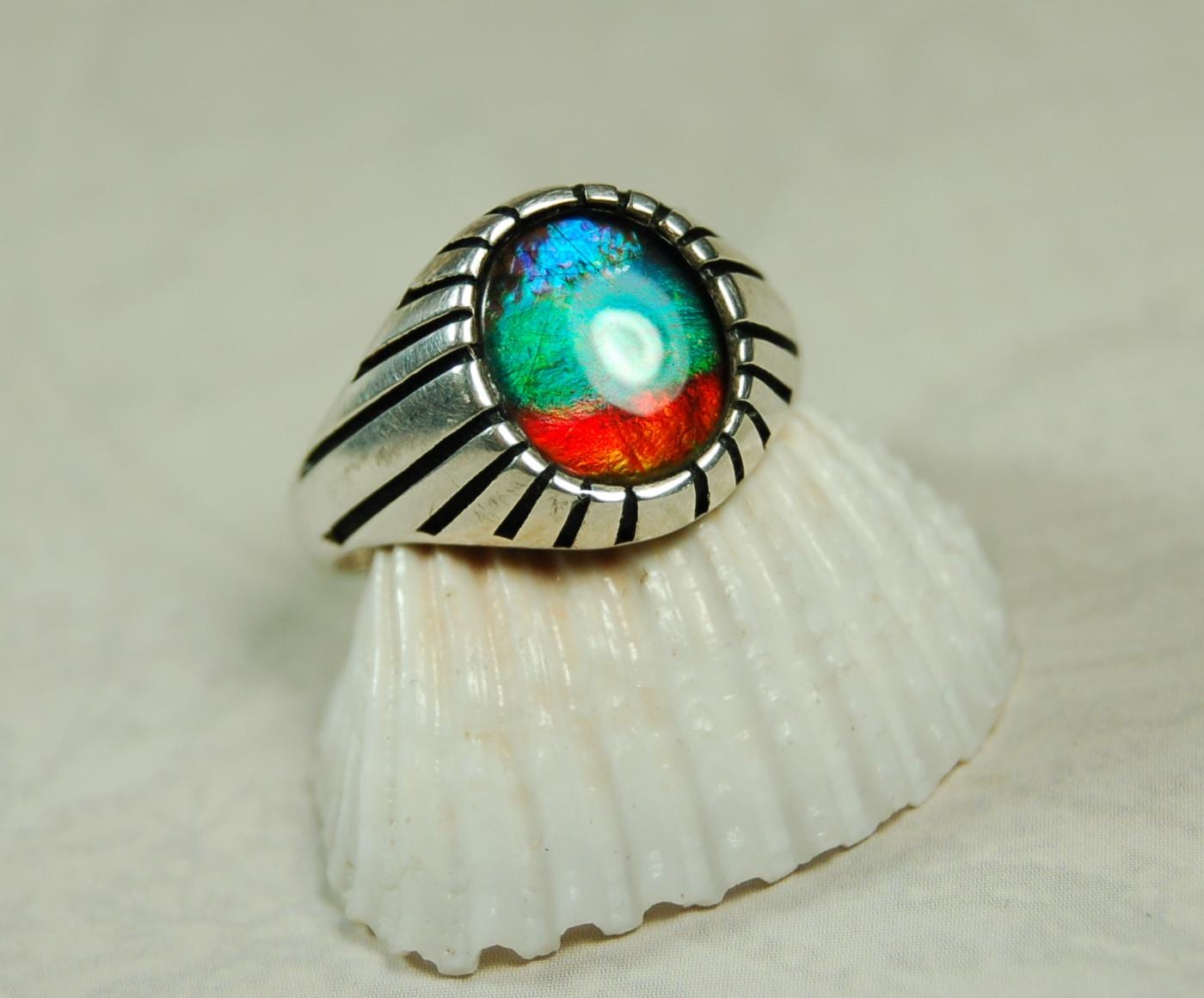 Ammolite Men's Ring.Projects powerful colors Size 12  #071515