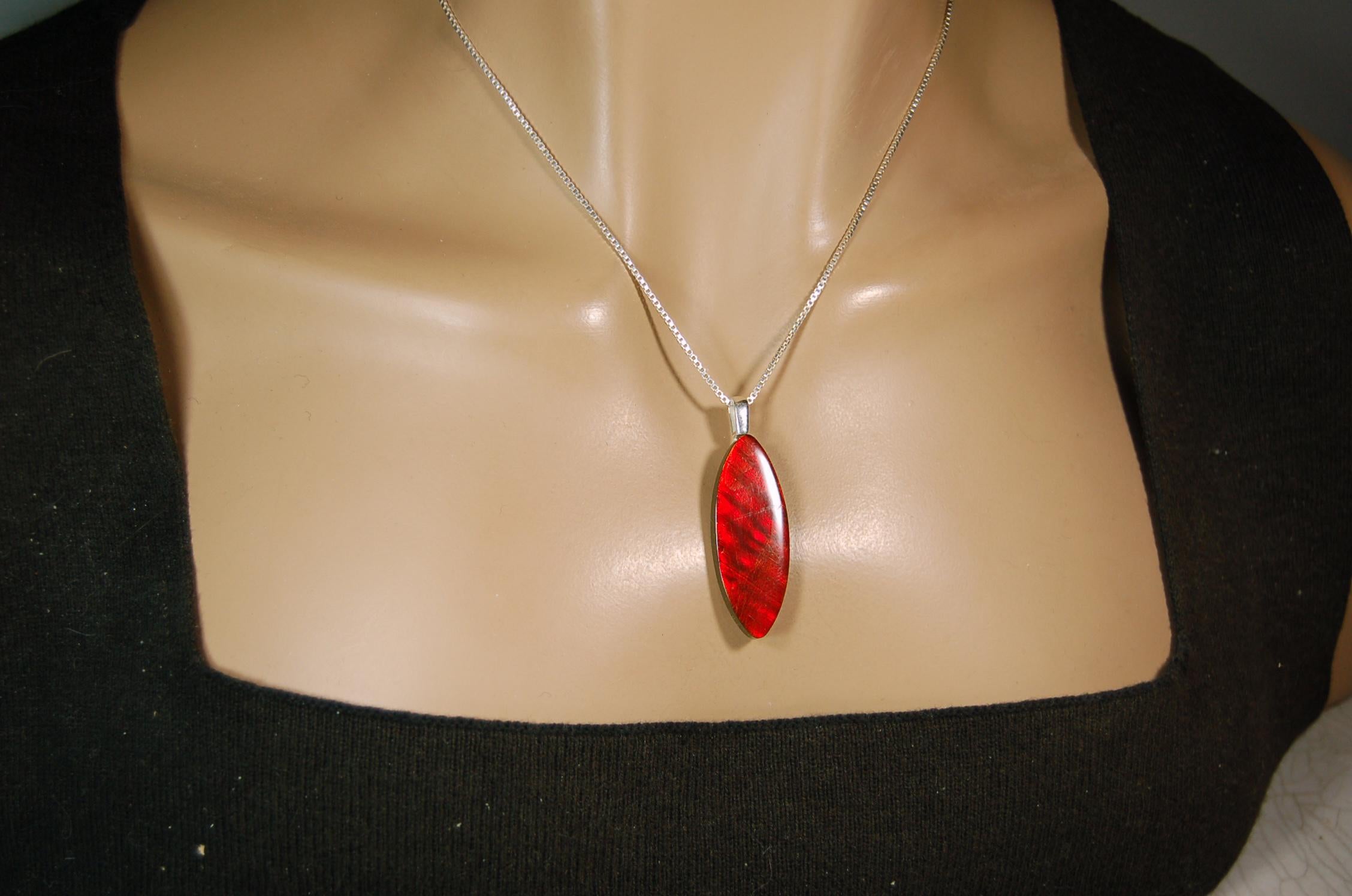 Ammolite Pendant.All natural free form cabochon set as minimalist and unisex jewelry.Rich red Jewelry.Gift idea for wife.Boho Jewelry.020815