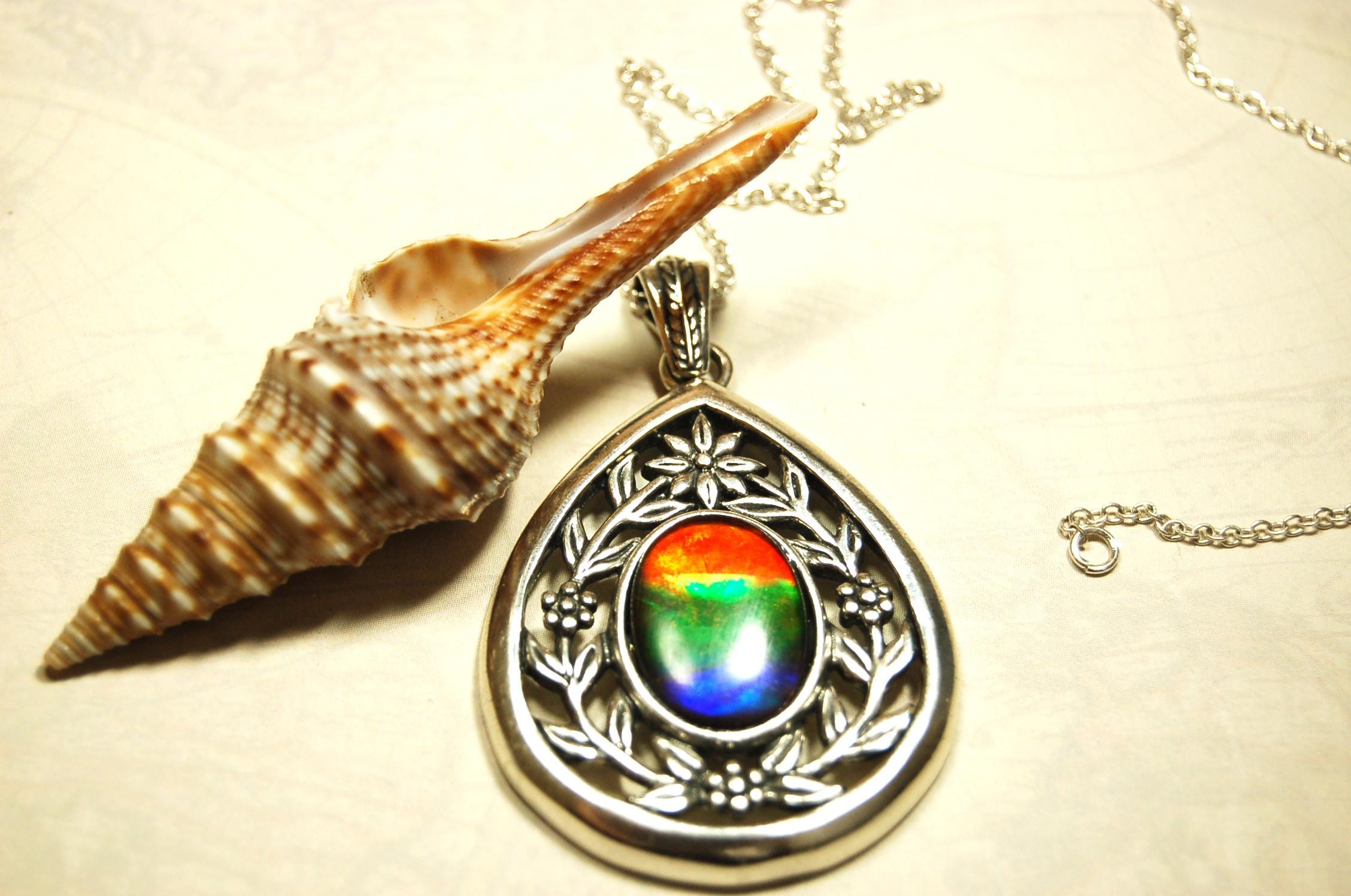 Anniversary gift idea for wife.Ammolite Jewelry Pendant with Rainbow pattern set in solid sterling silver.040416