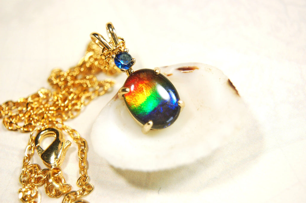 Petite Ammolite Jewelry Pendant in solid 10k Gold with Sapphire.Canadian Ammolite The Perfect Birthday Gift for Wife.032614