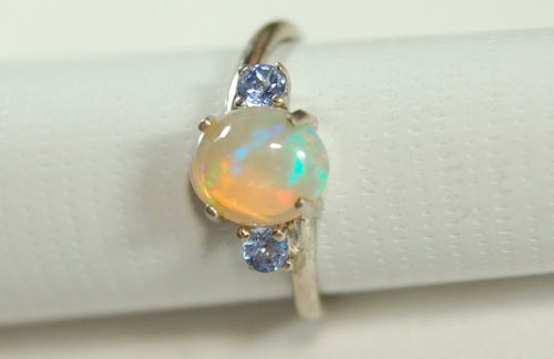 African Opal Ring with London Blue Topaz, Sterling Silver, Size 6