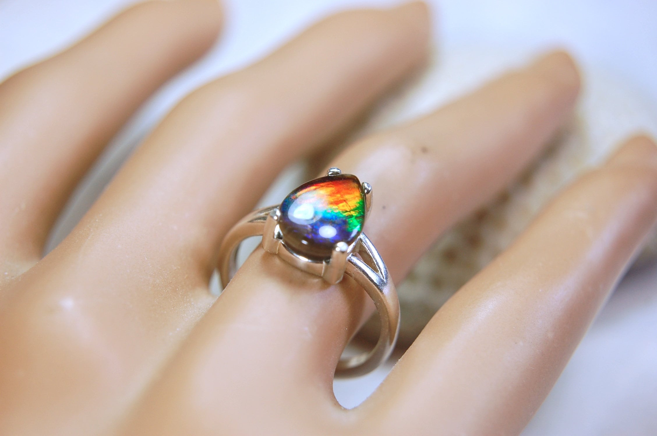 Ammolite Jewelry Ring with FIVE colors Pear Shaped Gem in Sterling Silver size 7.Birthday Gift for Wife?Rainbow color gem.032214