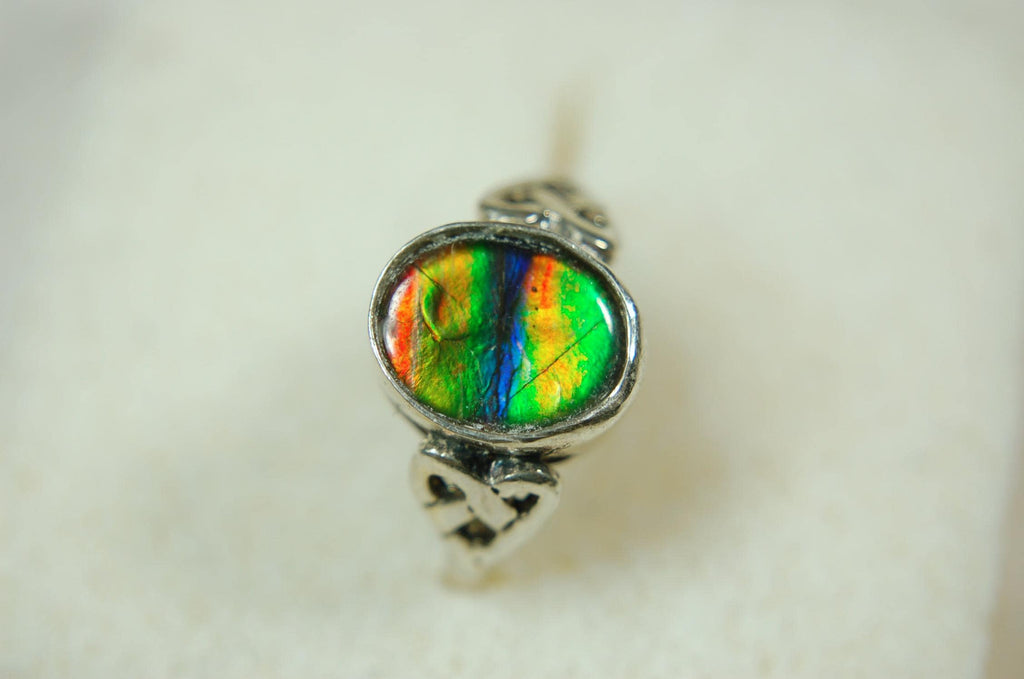 Ammolite ring with Celtic motif.Amazing RARE color scheme. One of a kind gift for wife.Sterling.Size7..031115