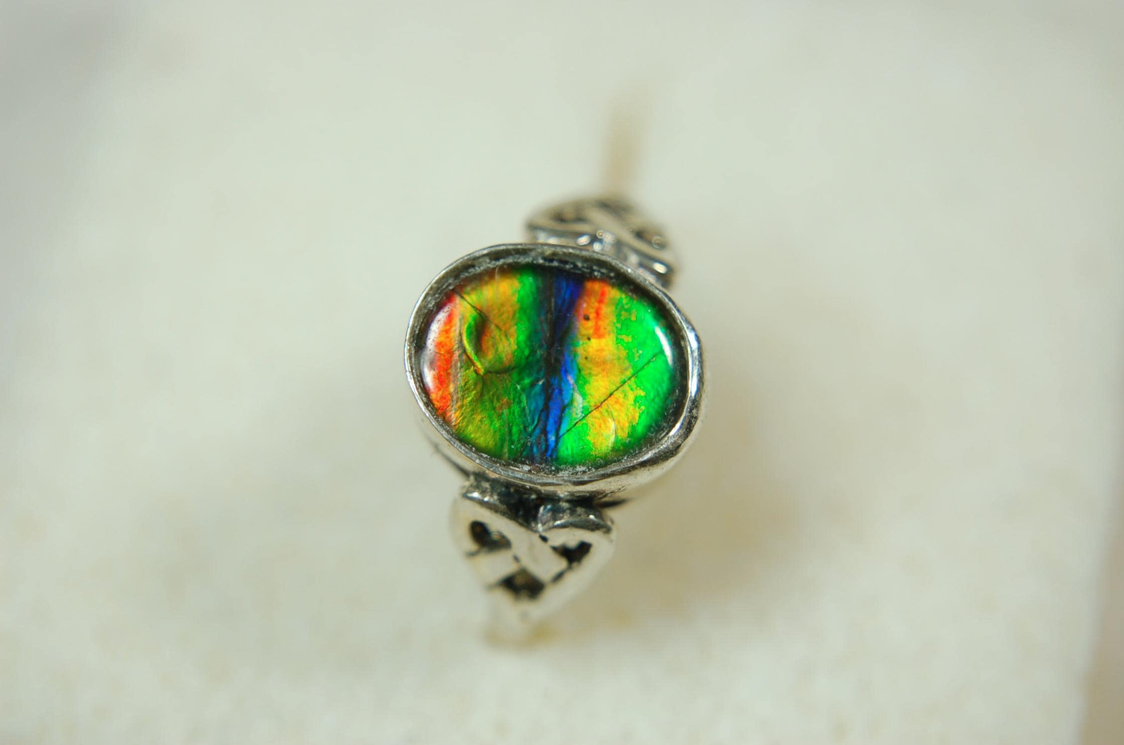 Ammolite ring with Celtic motif.Amazing RARE color scheme. One of a kind gift for wife.Sterling.Size7..031115