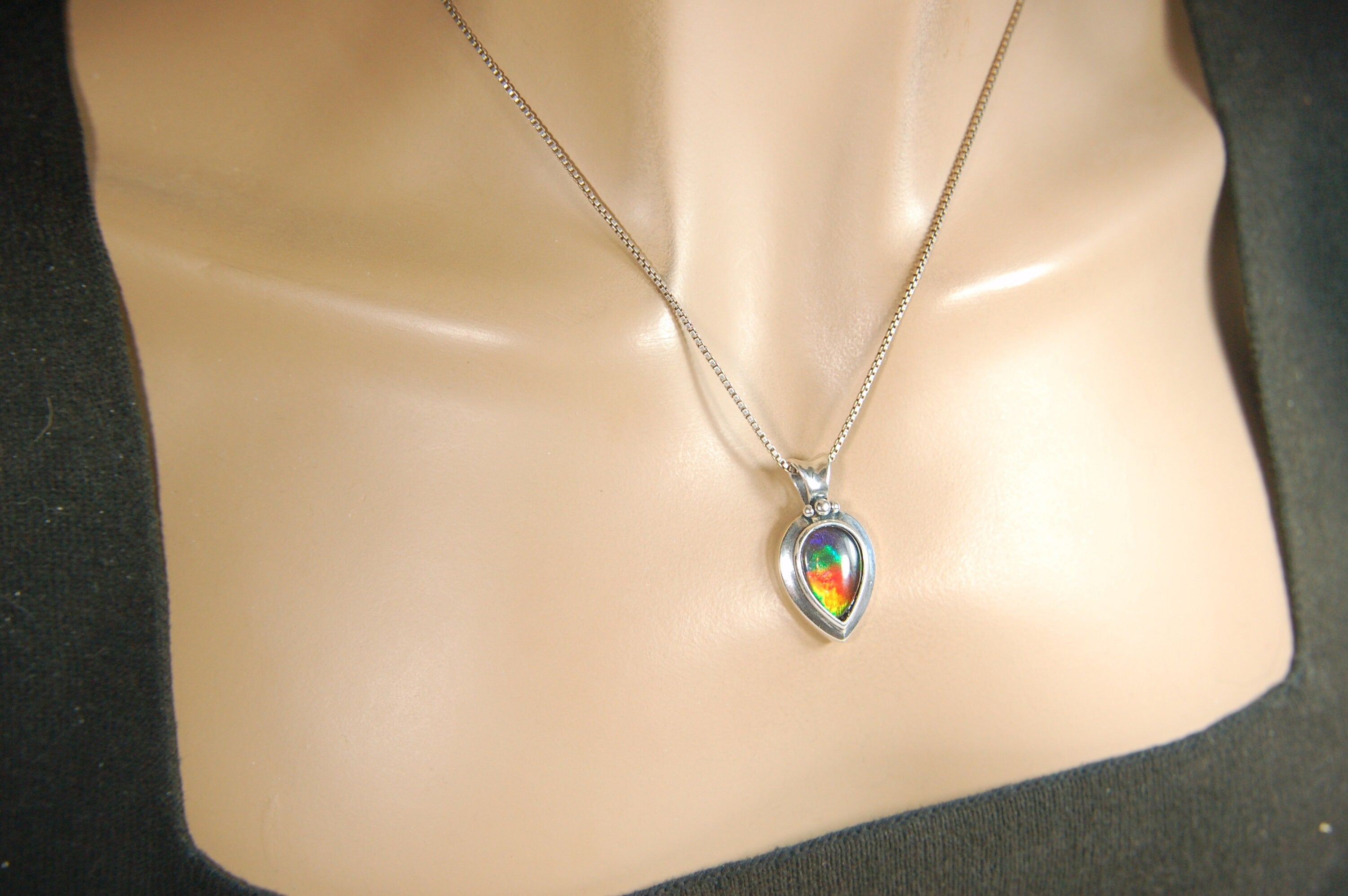 Ammolite Jewelry Rainbow Pendant Set in heavy sterling silver.High impact colors.Memorable gift.#030214