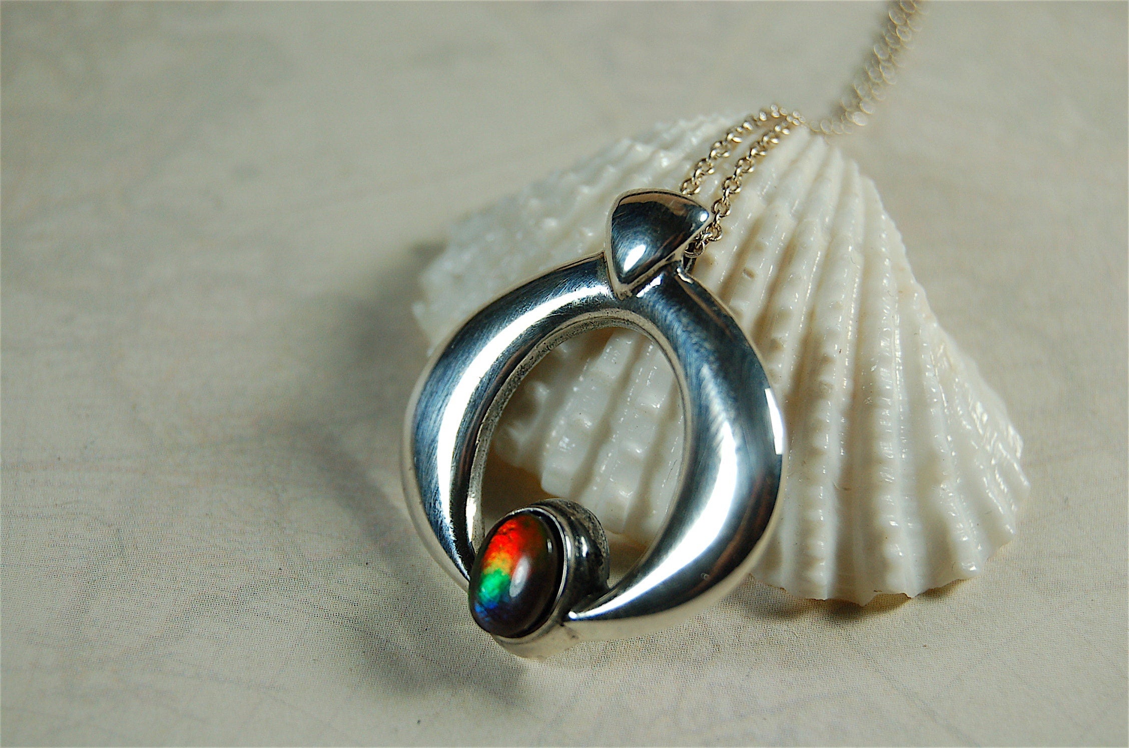 Birthday gift idea for wife.-- tricolor Ammolite pendant gem in striking sterling silver setting.Boho jewelry.#112419