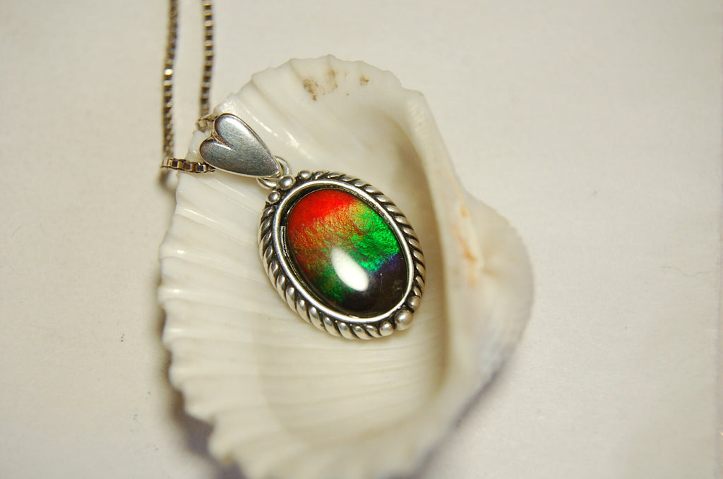 Ammolite pendant conveys a loving heartfelt message.Ammolite jewelry.Four color Rainbow ammolite.Ammolite necklace.Canadian ammolite.100301