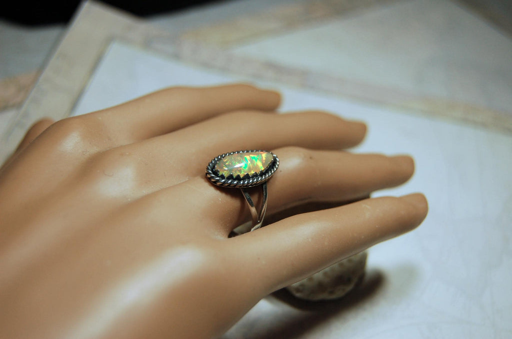 Genuine untreated natural opal ring handmade.Fiery colors.One of a kind.Size 7.Gift for wife? 040316