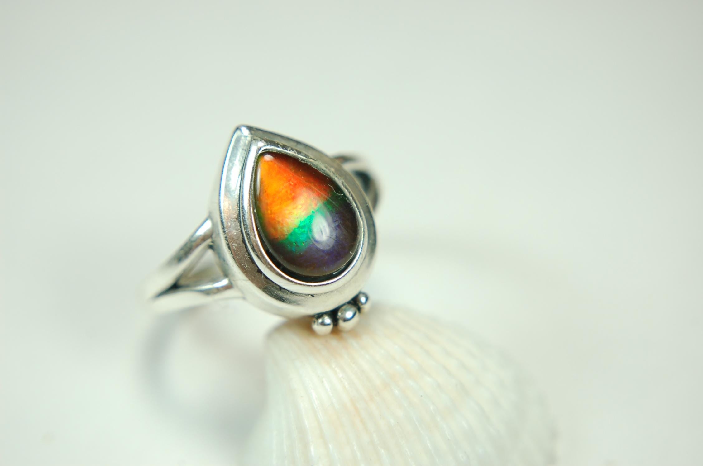 Ammolite.Gorgeous RARE four color Ammolite Ring - Add a Touch of Elegance with this Stunning Ammolite Jewelry.Gift idea for wife?010525