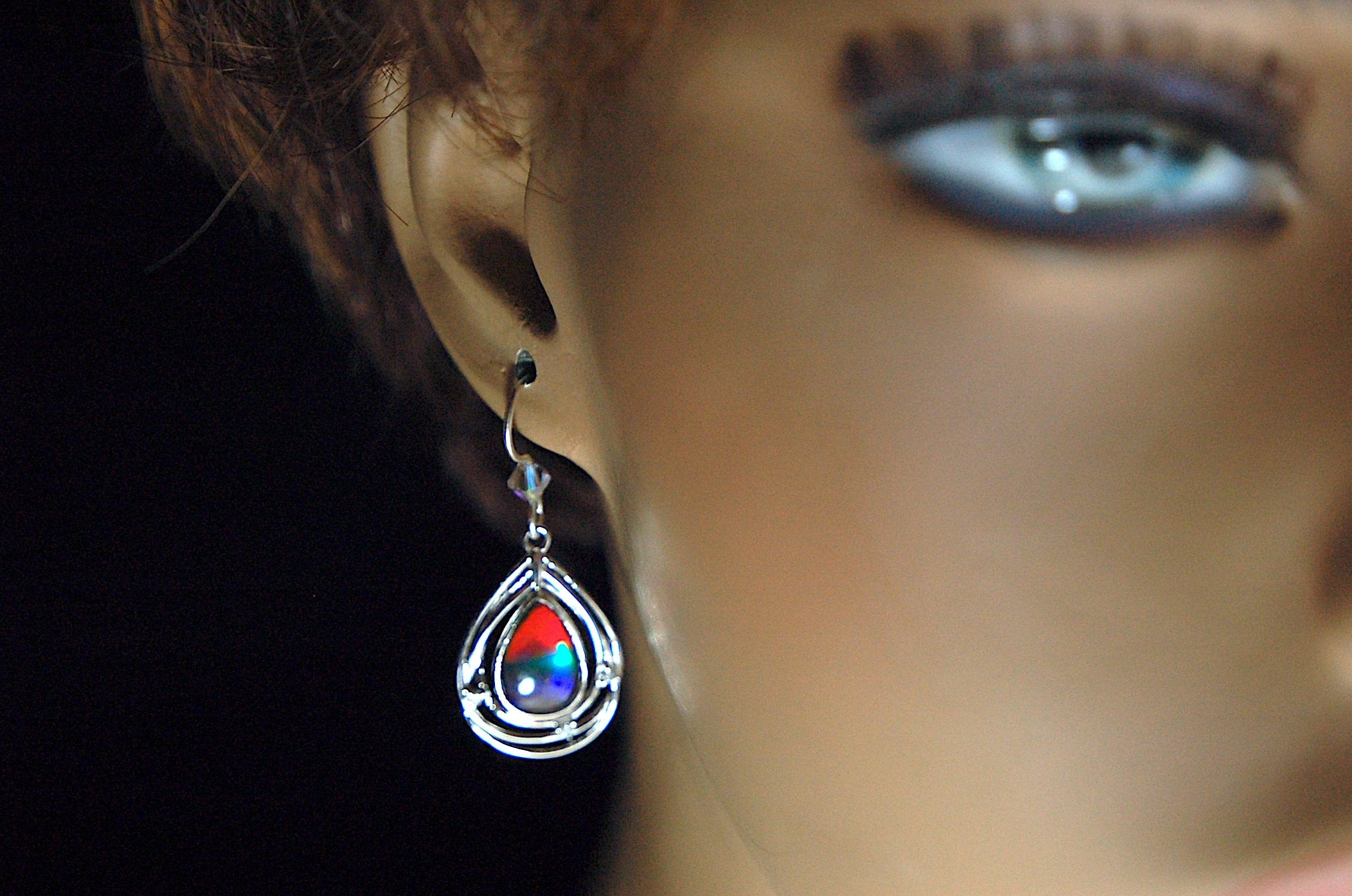 Birthday or anniversary gift idea for wife.Teardrop Ammolite Earrings – Sterling Silver, Swarovski Crystal Accents (12x8mm)