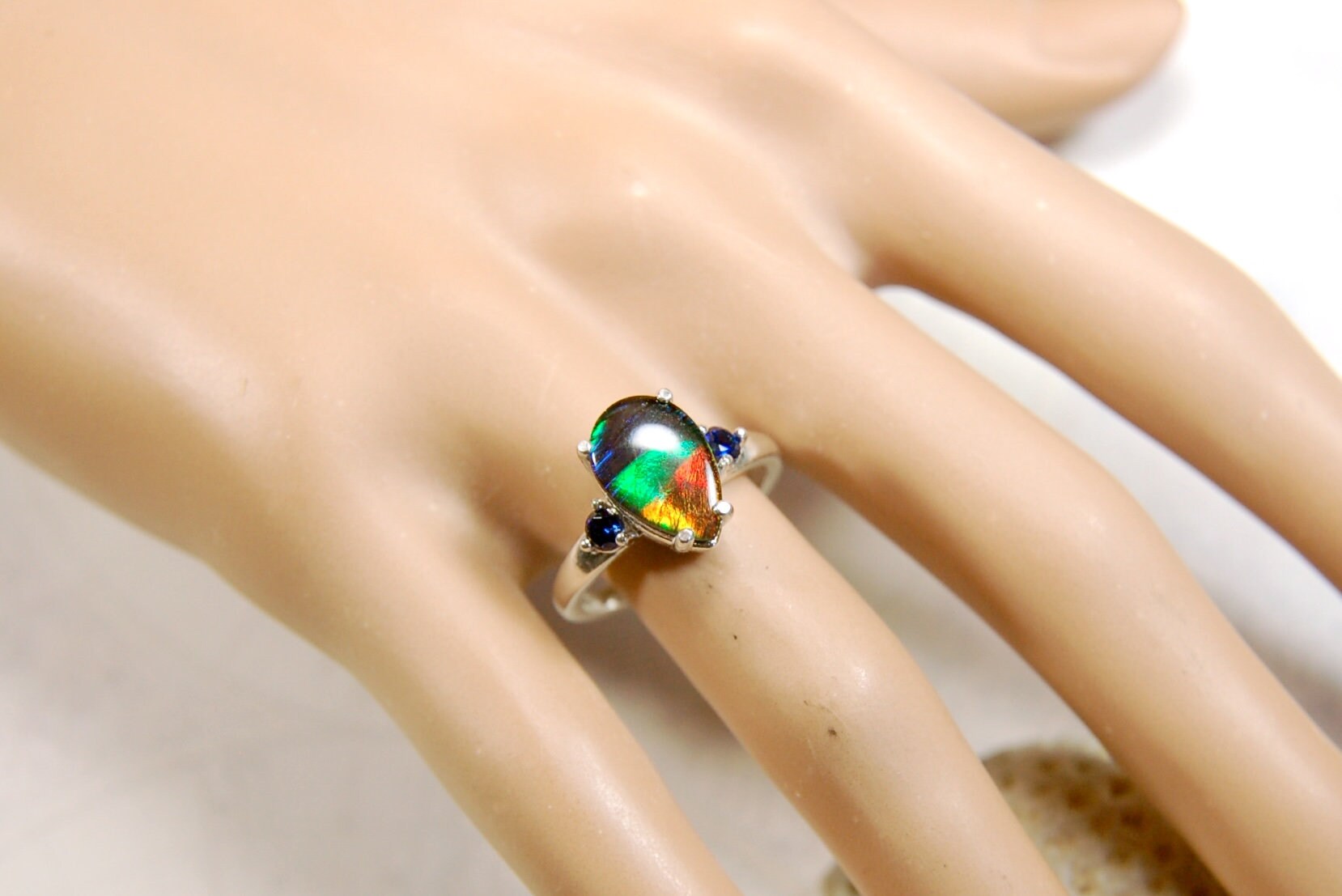 Ammolite teardrop Ring with four rich colors.Set in sterling silver.Size 7.Perfect gift for her.One of a kind ring.041214