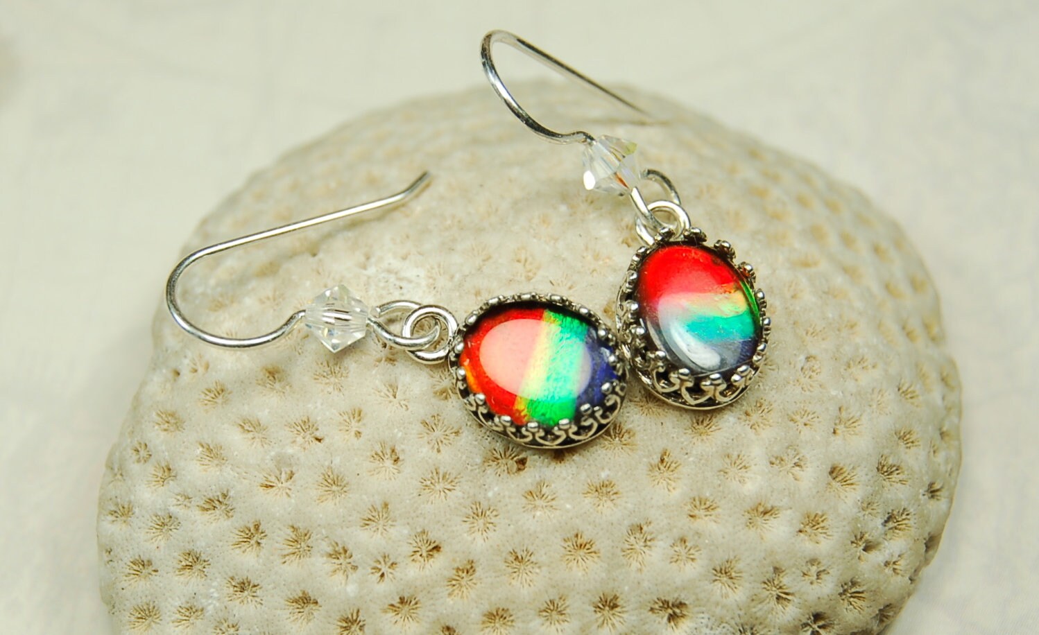 Birthday or Anniversary gift idea for wife. Ammolite Pendant Earring Set.Nicely matched brilliant tricolor gems.#102910