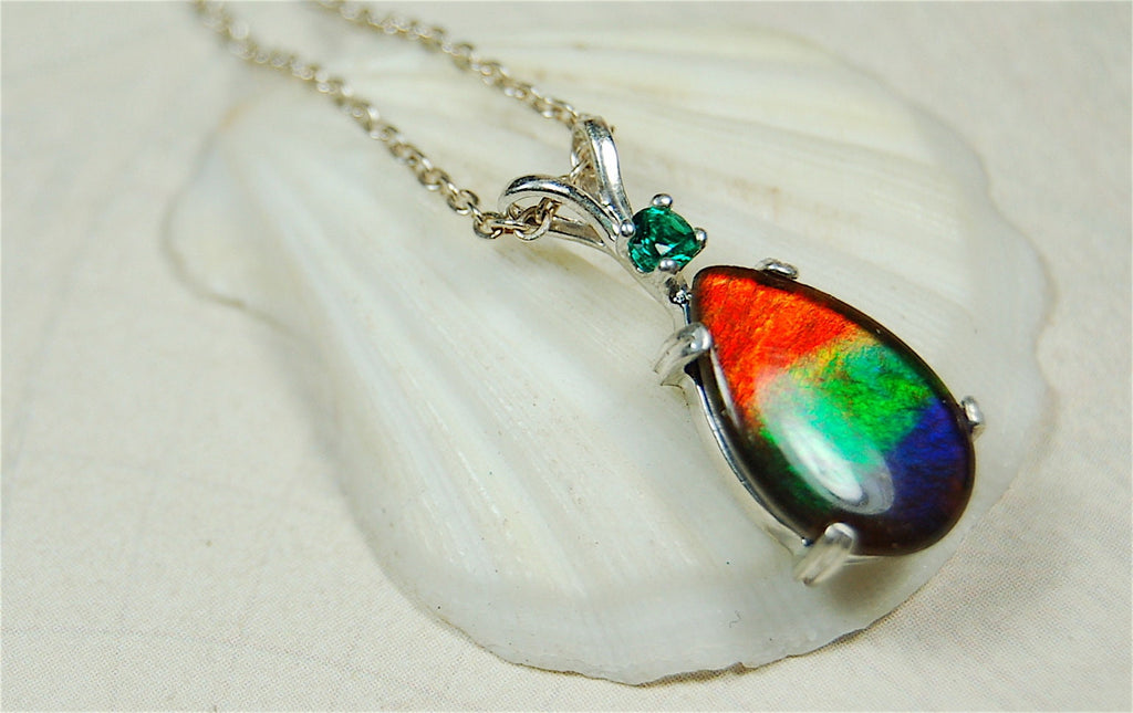 Ammolite Jewelry Pendant.bright Rainbow Colors. Ammolite with Emerald.Canadian gemstones.The perfect RARE gift for her.#012410