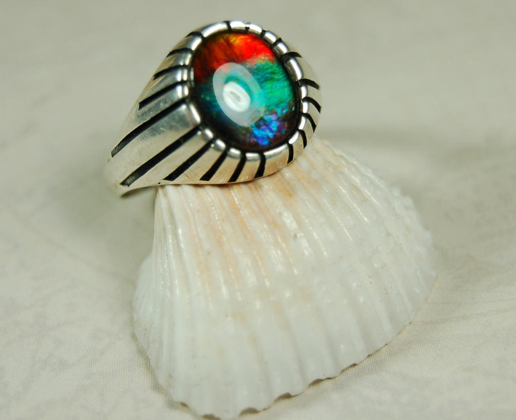 Ammolite Men's Ring.Projects powerful colors Size 12  #071515