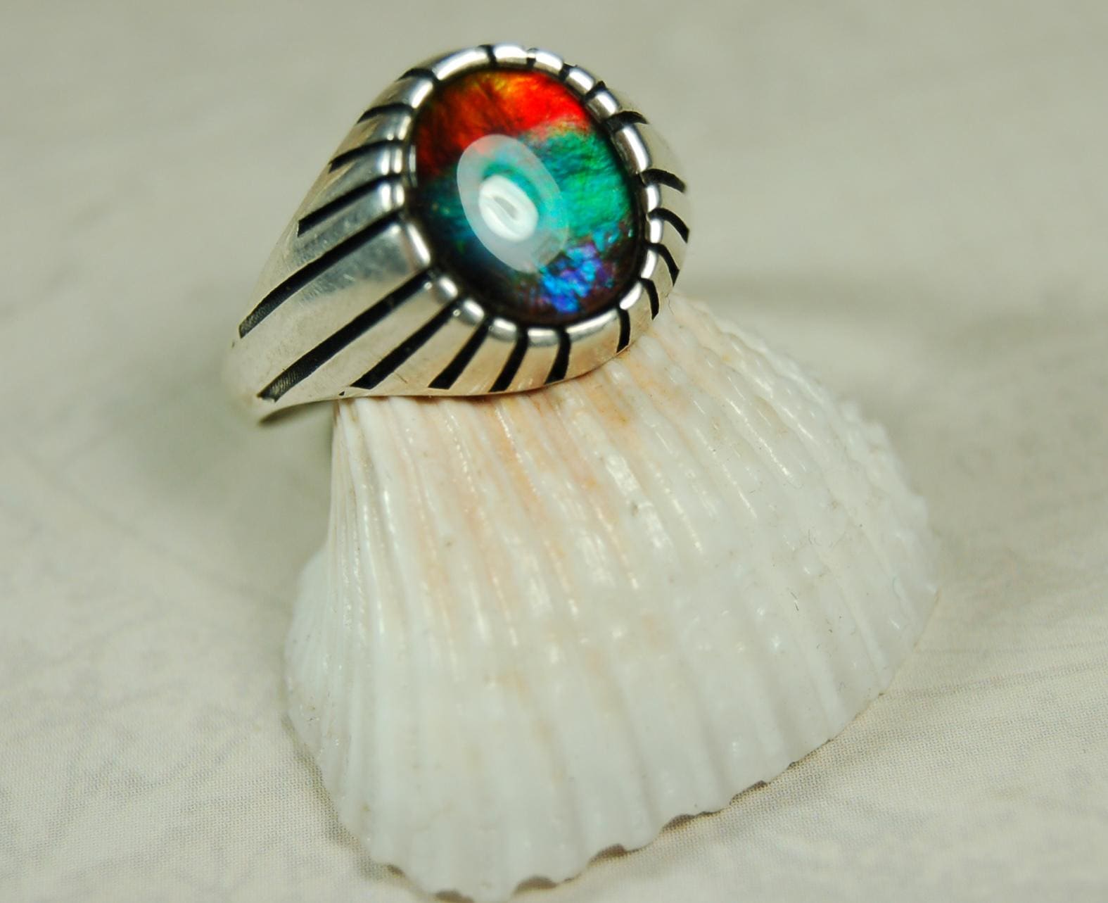 Ammolite Men's Ring.Projects powerful colors Size 12  #071515