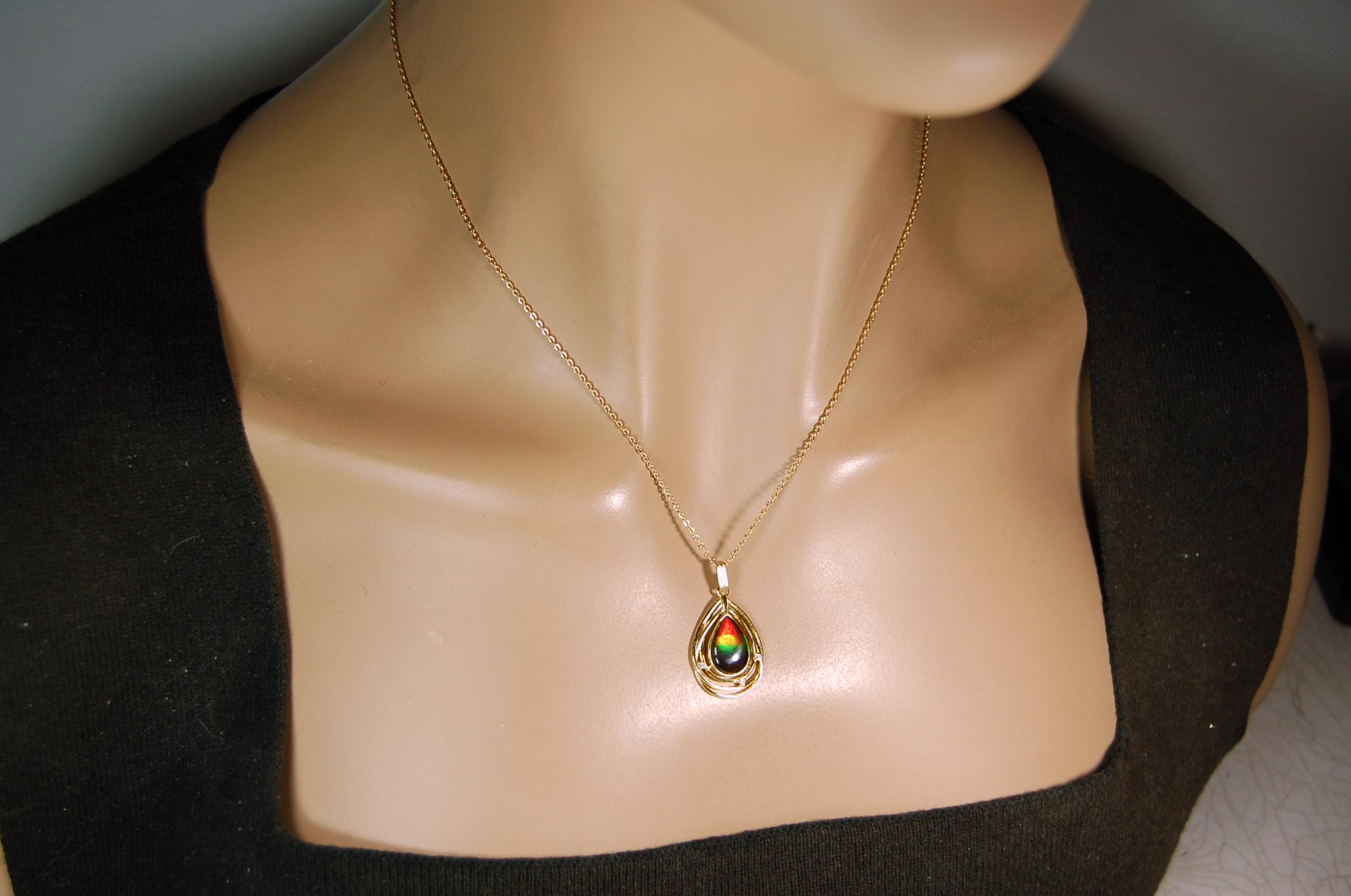 Birthday gift idea for wife.Ammolite Pendant Necklace in Gold Vermeil.RARE four colors. Ammolite jewelry for sale.Boho Jewelry.012915