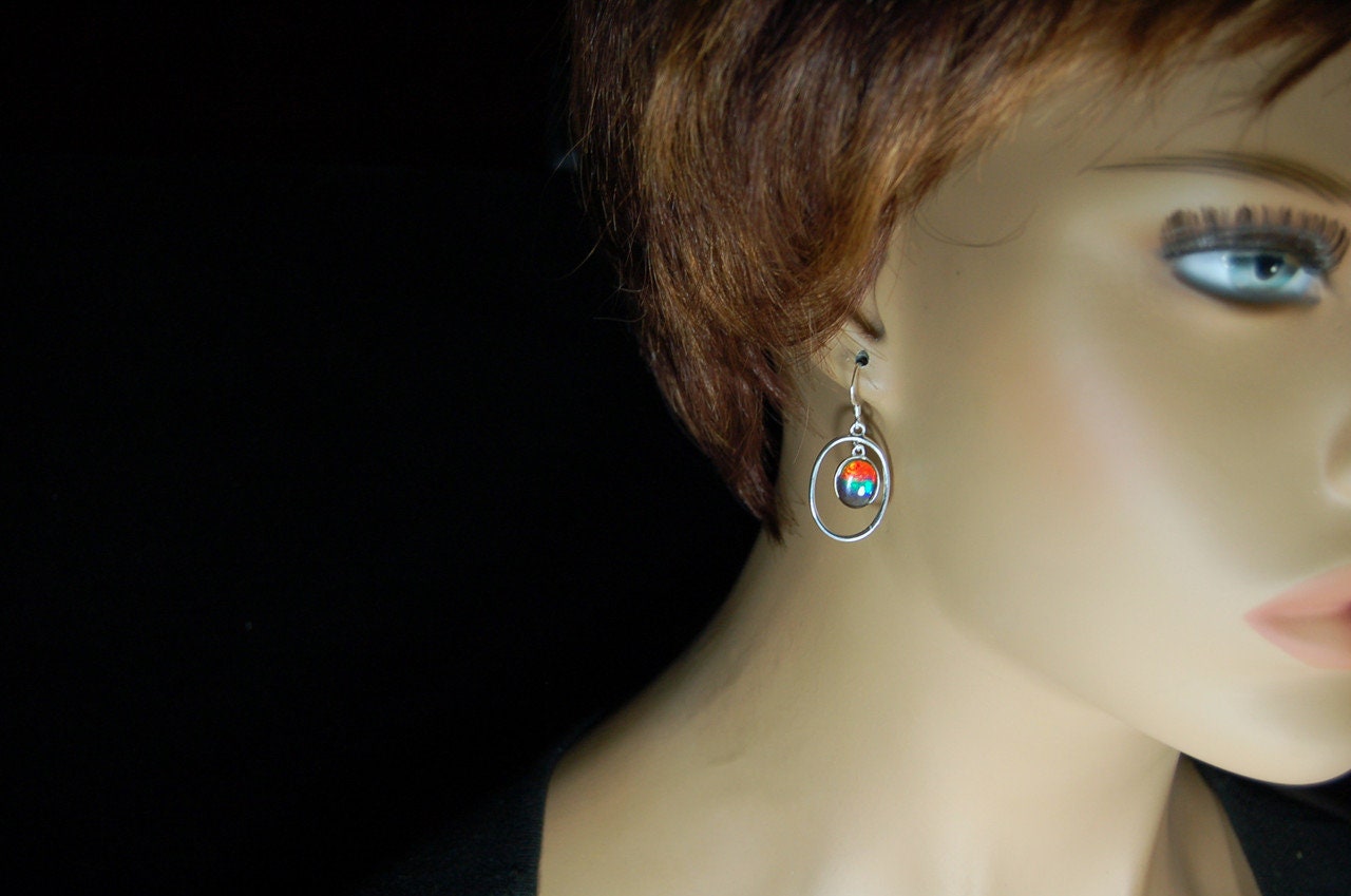 Ammolite Hoop Earrings - Bright Dangles for Birthday or Anniversary - High quality genuine Canadian Gemstones.