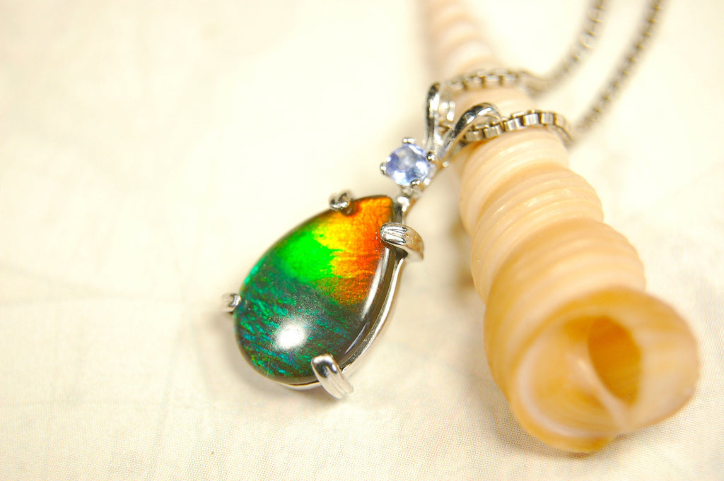 Ammolite Pendant in Sterling Silver with Tanzanite Gem Stone.Rainbow gem.Birthday gift for Wife?Metaphysical powers.032114