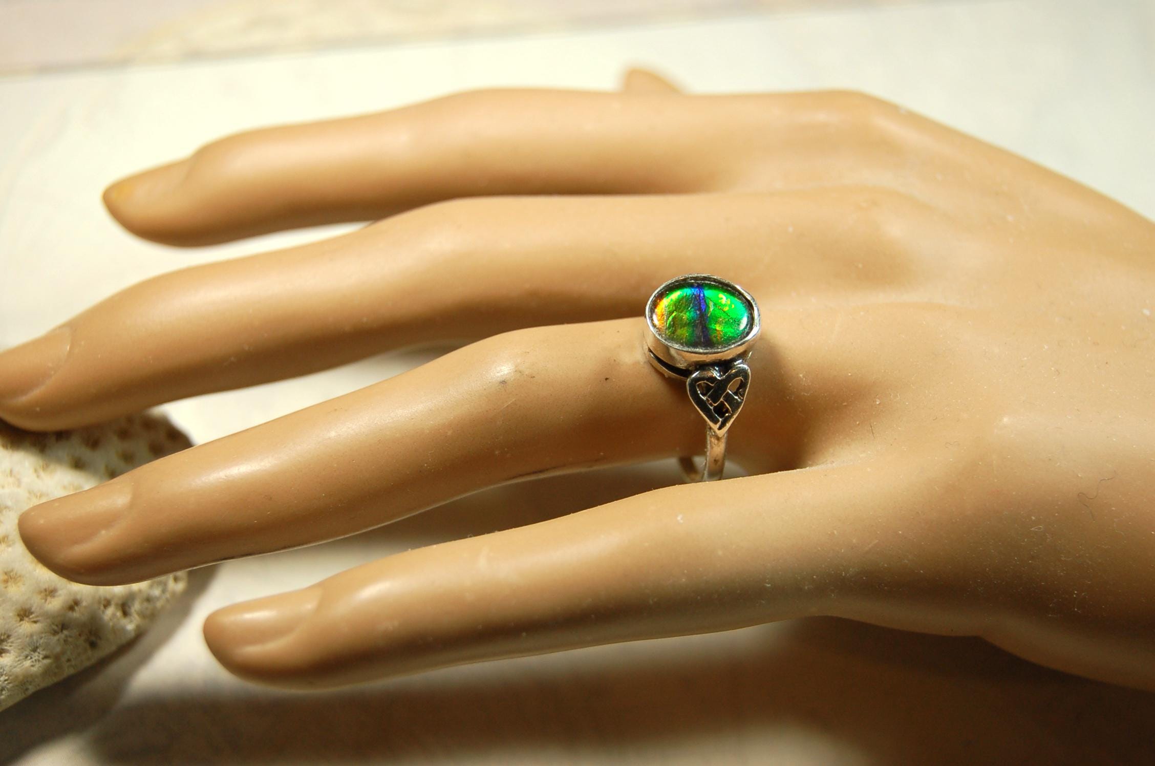 Ammolite ring with Celtic motif.Amazing RARE color scheme. One of a kind gift for wife.Sterling.Size7..031115