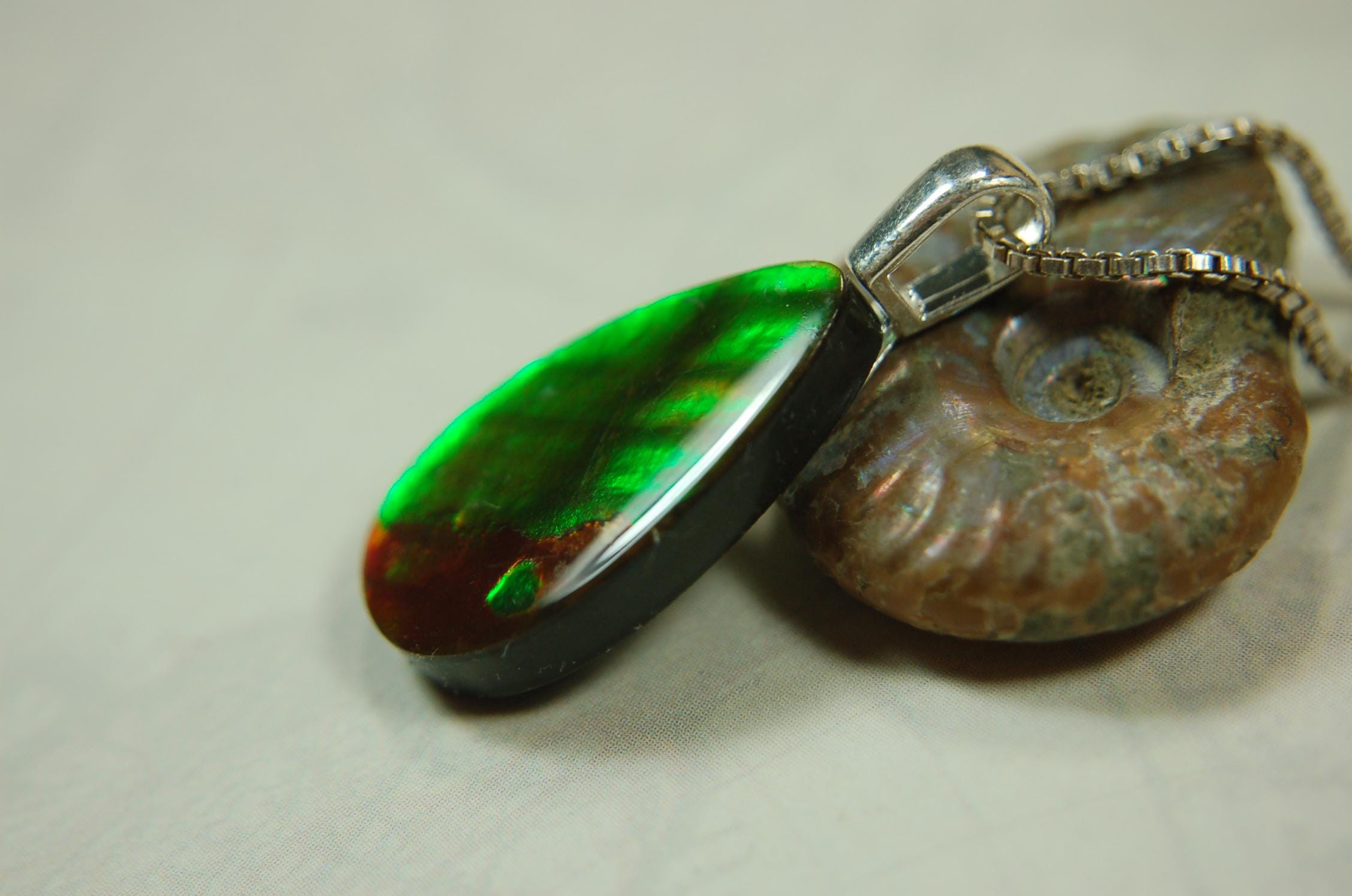 Anniversary gift idea.Unisex Jewelry.Ammolite Pendant Necklace, Sterling Silver Feather Bail. Color changing natural freeform cabochon.