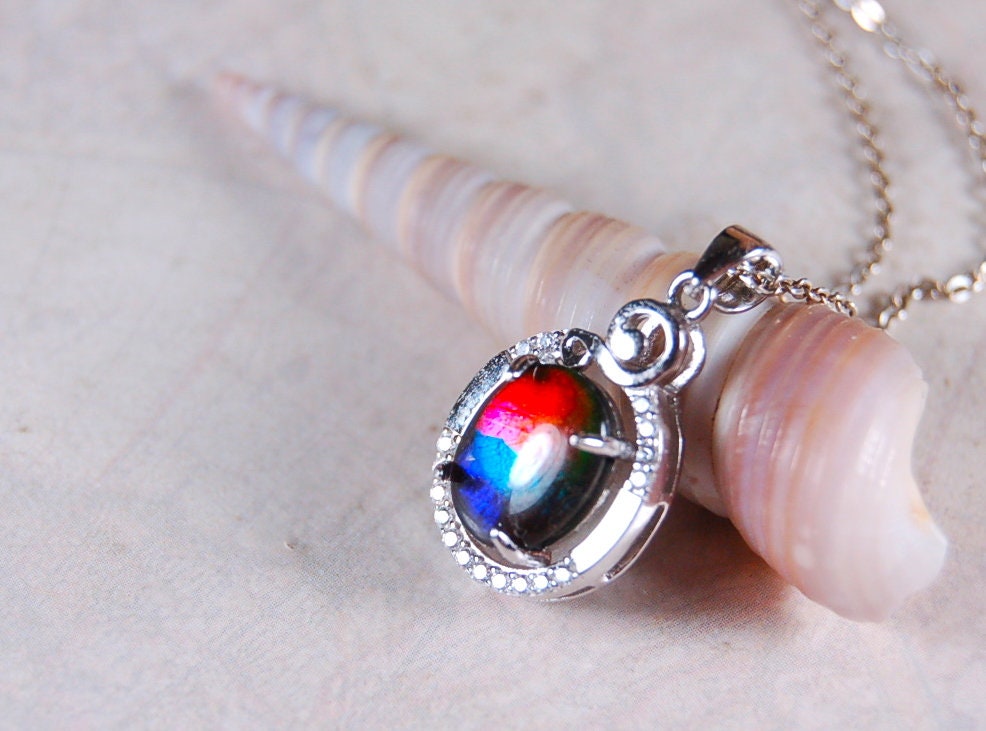 Ammolite Jewelry Pendant with RARE Pink.Stunning color changer.See 160 other quality offerings in silver and gold.Perfect gift.#080518