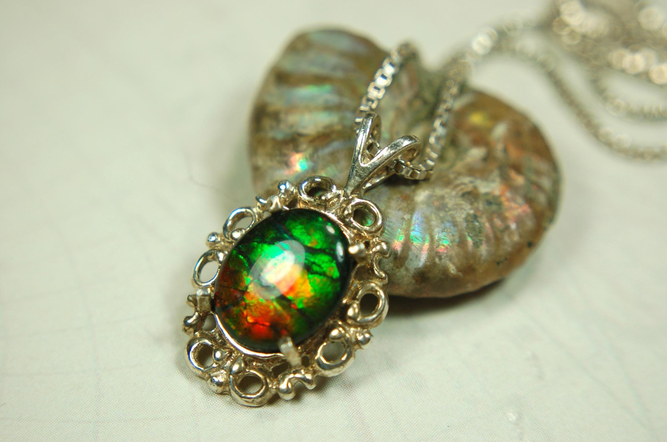 Ammolite Pendant Necklace Sterling Silver Jewelry.- 071015
