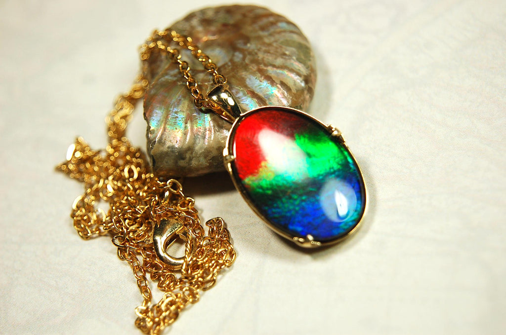 14k gold set ammolite pendant.Gift idea for wife?Rainbow colors.High quality Ammolite.090614