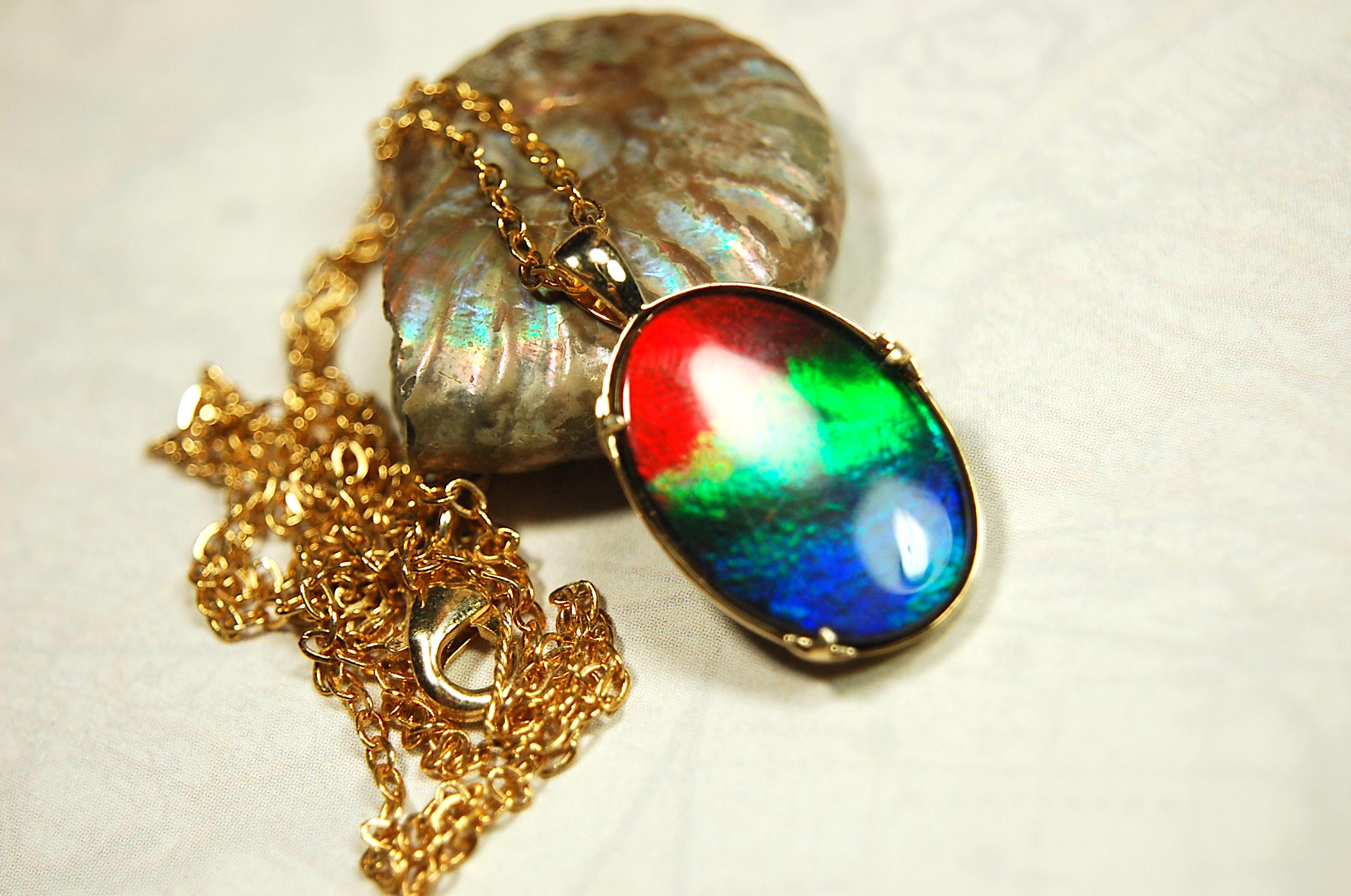 14k gold set ammolite pendant.Gift idea for wife?Rainbow colors.High quality Ammolite.090614
