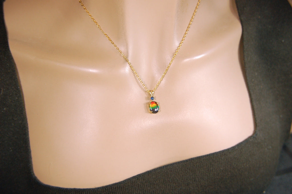 Petite Ammolite Jewelry Pendant in solid 10k Gold with Sapphire.Canadian Ammolite The Perfect Birthday Gift for Wife.032614