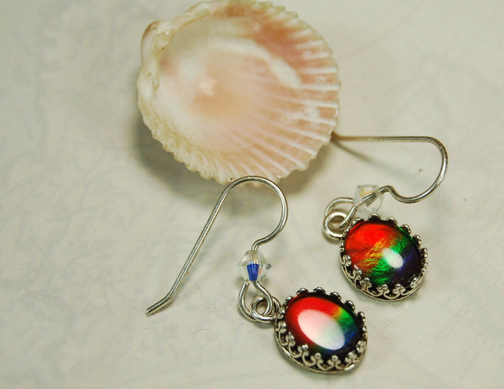 Ammolite Ear Rings.Perfect Mothers Day gift of RARE genuine ammolite she is sure to treasure.Lovely matched tricolor rainbow gems.#102410