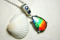 Ammolite Pendant Necklace.Sapphire studded bail.Brilliant rainbow colors.Sterling silver set.RARE gift for her.071115