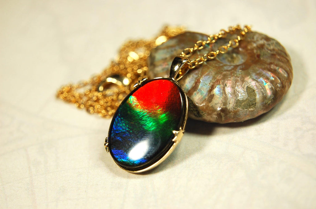 14k gold set ammolite pendant.Gift idea for wife?Rainbow colors.High quality Ammolite.090614