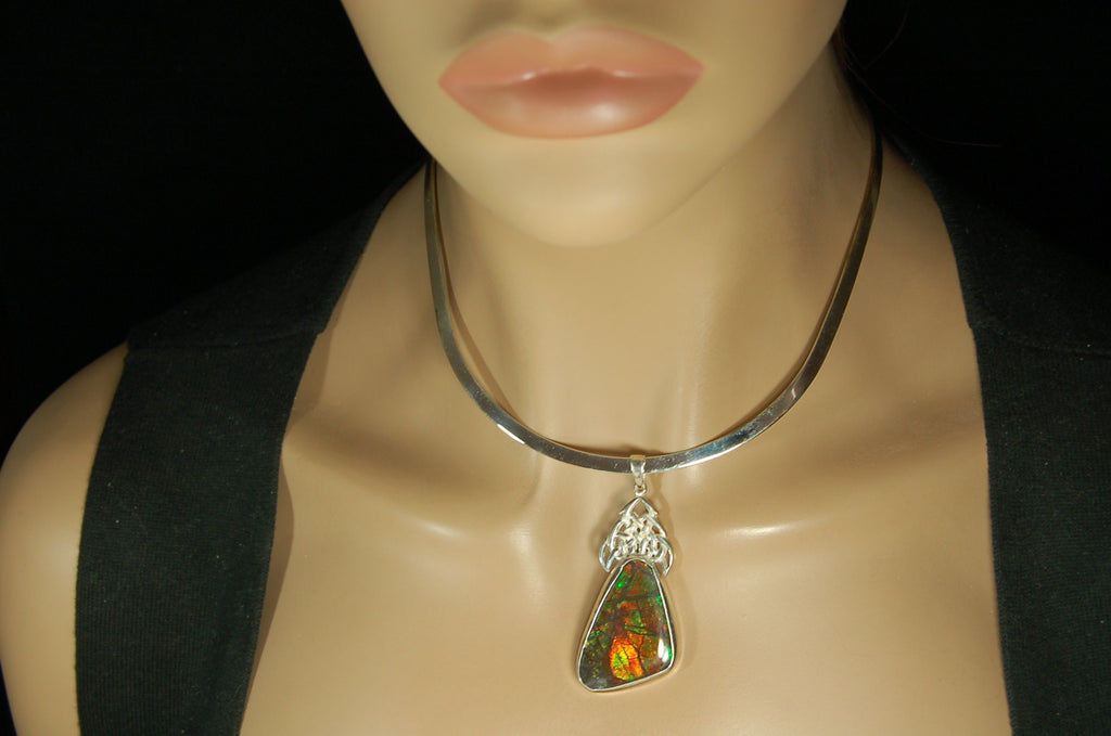 Ammolite Pendant Necklace.Natural very colorful cabochon magnificently set #030411