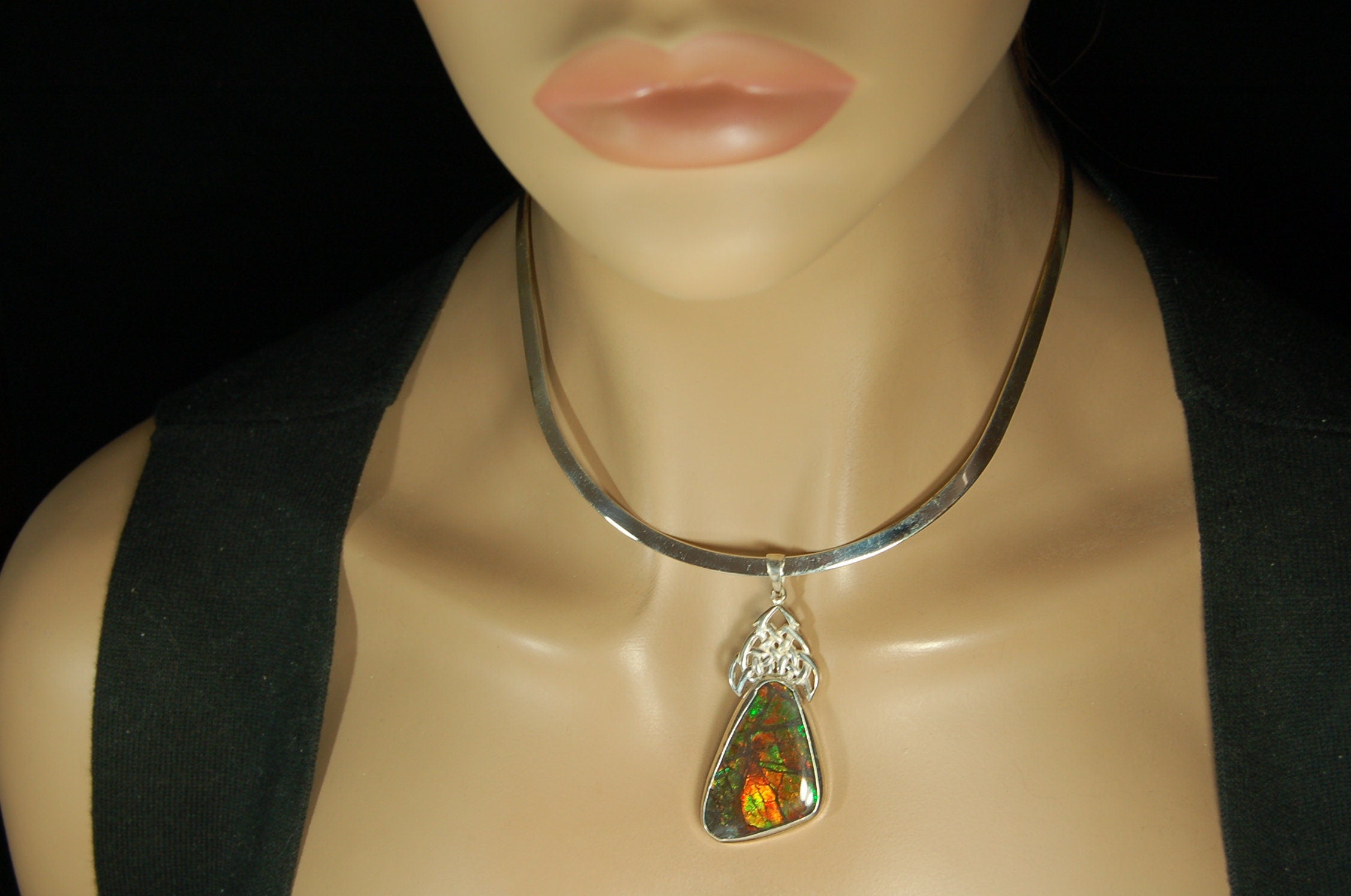 Ammolite Pendant Necklace.Natural very colorful cabochon magnificently set #030411