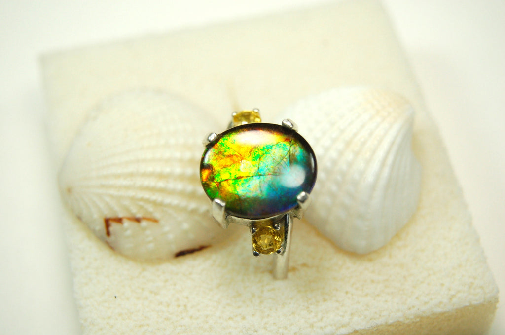 Ammolite Ring.Gift for wife.Learn about Canadas rarest gemstone.Must see video#121611