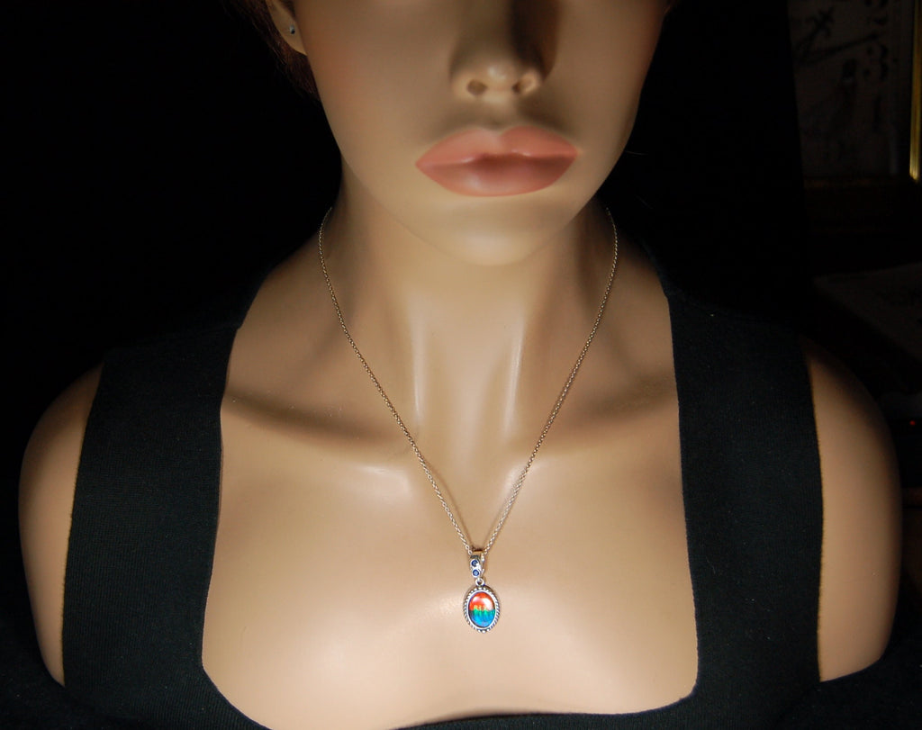 Ammolite Pendant Necklace.Solid sterling silver setting.Bright Rainbow colors. Sapphire studded bail.Unique gift for wife.102429