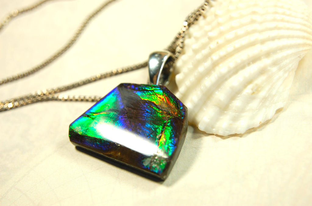 Ammolite Jewelry Pendant Certified Canadian Gem.Ammolite Freeform Gem.Unisex and minimalist Style Jewelry.Gift idea?Must see video. 081714